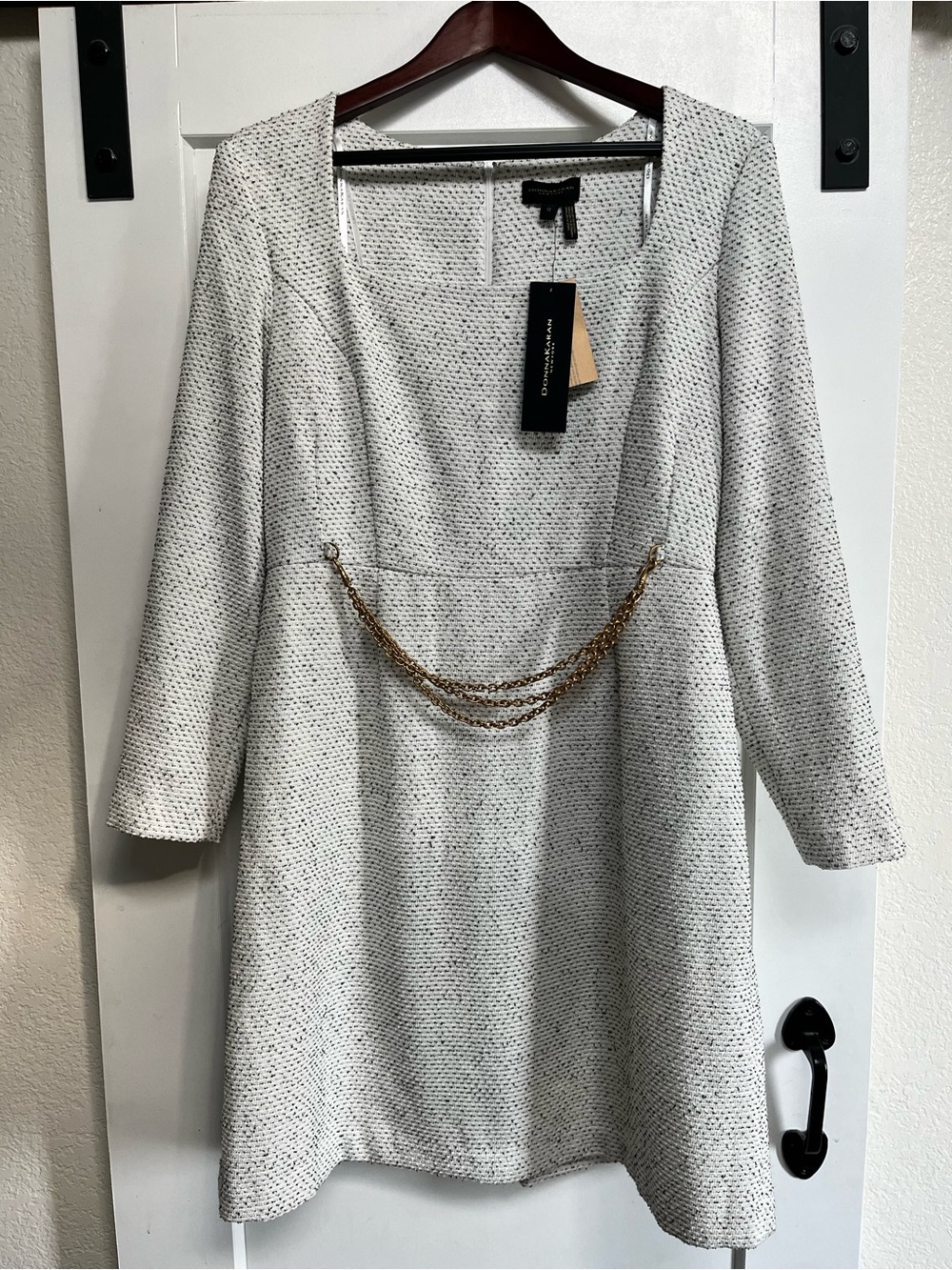 Donna Karan Cream and Black Tweed Long-Sleeve Dress with Gold Chain